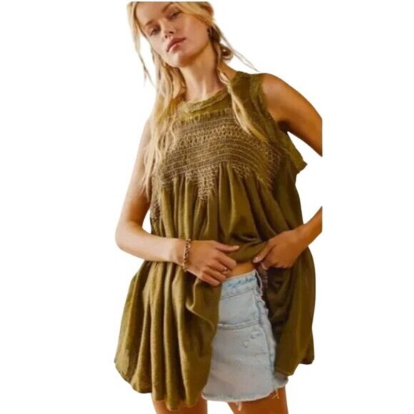 Free People Sleeveless Moss Green Button Back Sea Breeze Tunic Oregano Women XS - Picture 1 of 16
